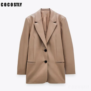 

New Autumn Blazer Women Coat Vintage Faux Leather Jackets Coat Chic Pockets Elegant Blazer Outwear Female Office Ladies Suit