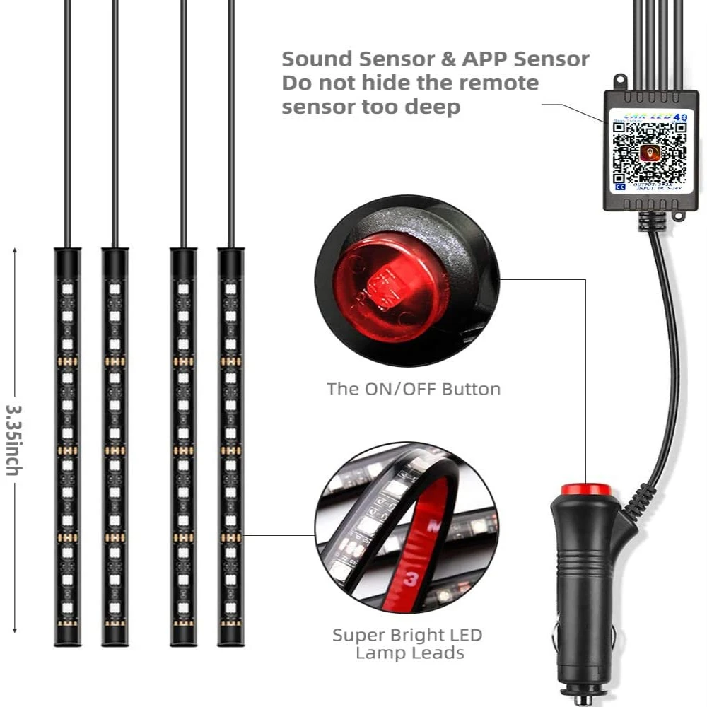 Car Interior Light RGB LED Decorative Light Strip With USB Wireless Remote Music Control Multiple Modes Car Foot Light