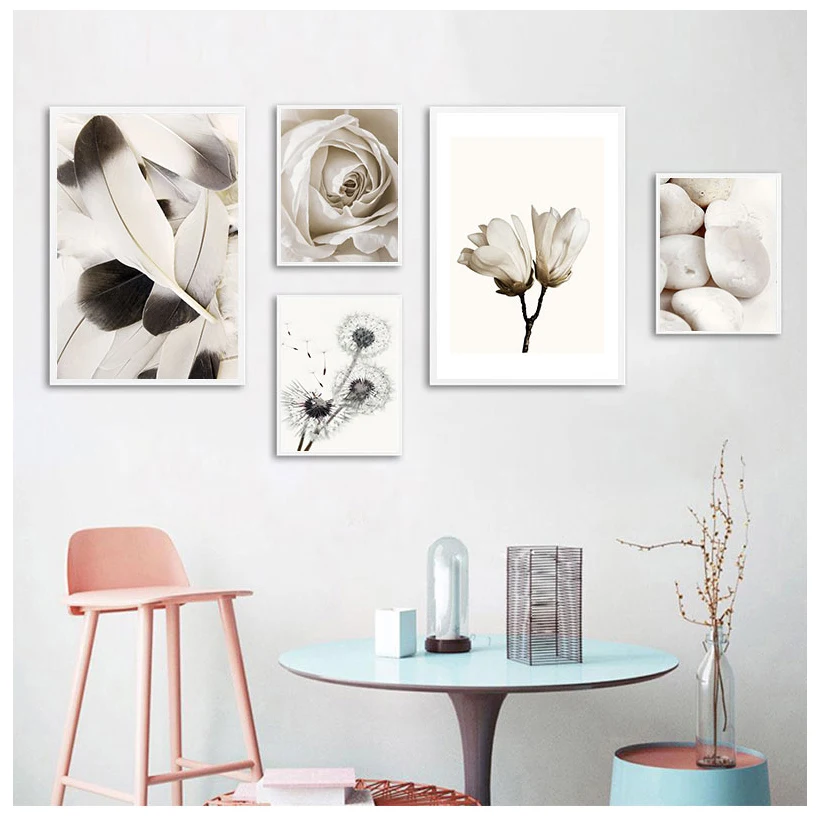 Canvas Painting Wall Art Nordic Poster Black White Dandelion Feather Rose Flower Pictures For Bedroom Home Decor No Frame | Дом и сад