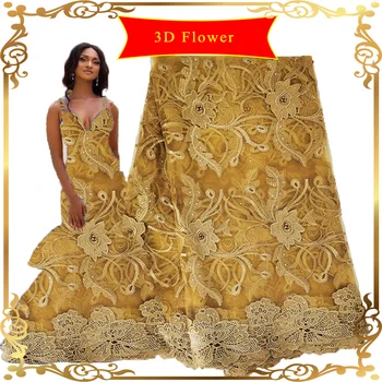 

African Water soluble Lace Fabrics 5 Yards Nigerian Lace 3D Flower Gold Fabric Embroidery swiss voile lace in switzerland 2020
