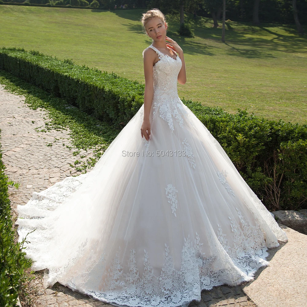 

Romantic Lace Appliques A Line Princess Wedding Dresses 2020 Sexy Sweetheart Double Straps Corset Back Bride Wedding Gowns