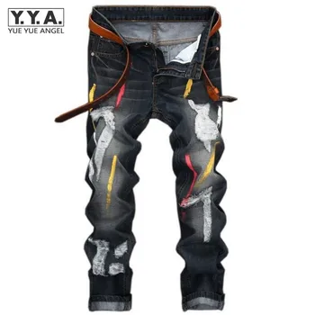 

High Quality Mens Jeans Ripped Colorful Printed Demin Pants Slim Fit Straight Casual Classic Hip Hop Trousers Ripped Streetwear