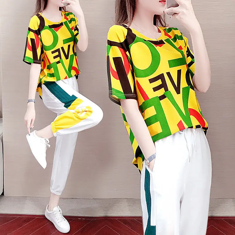 

Женский спортивный костюм, женская летняя модная новинка 2020, свободная повседневная одежда с принтом и короткими рукавами, спортивный костюм