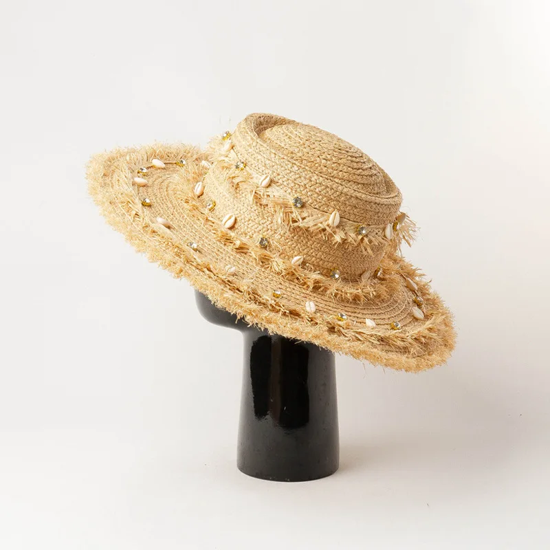 

202004-hh5016C dropshipping Designer style raffia grass shell Rhinestonelady sun cap women beach holiday leisure hat take photo
