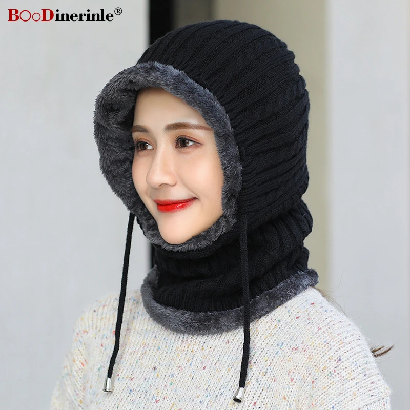BOoDinerinle-5 ℃~-15 ℃ женские шляпы зимние с шарфом Женские ветрозащитные утолщенные теплые зимне наушники шапка повседневная шерстяная вязаная шапка для женщин