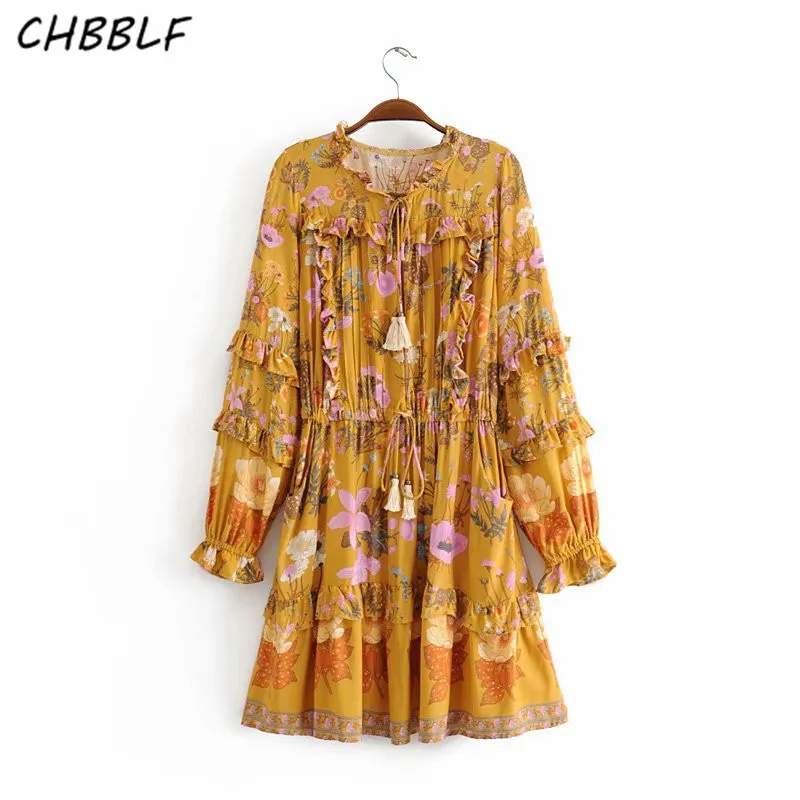 

CHBBLF women print mini dress tassel tie female casual long sleeve ruffles dresses vestidos YUP8371