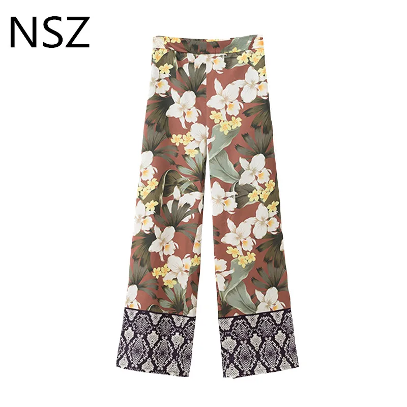 

NSZ Women Floral Print Pachwork Snake Straight Pants Elastic Waist Pocket Loose Casual Pants Trousers
