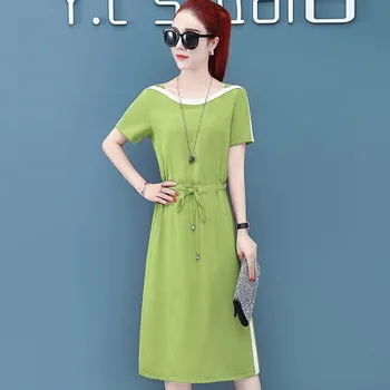 

Casual Summer Dress For Women Short Sleeve O Neck Patchwork Dresses Fashion Lace Up Female A-line Dress Knee-Length Vestido