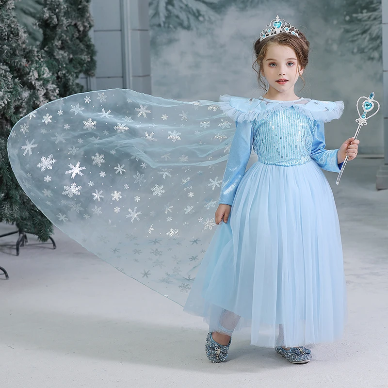 

Fancy Anna Elsa Girls Dress Cosplay Costumes Children's Princess Dresses Sequins Snowflake Cloak Halloween Party Disguised Dress