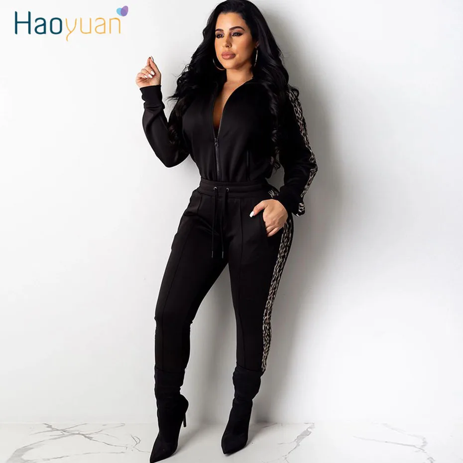 

HAOYUAN Leopard Splice Tracksuit Women Two Piece Outfits Fall Winter Matching Sets Jacket Top and Pant Sweat Suits Two Piece Set