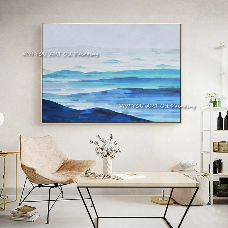 

100% Handmade Blue Ocean Oil Painting Large Abstract Canvas Art Landscape Pictures for Living Room Modern Decoration No Frame