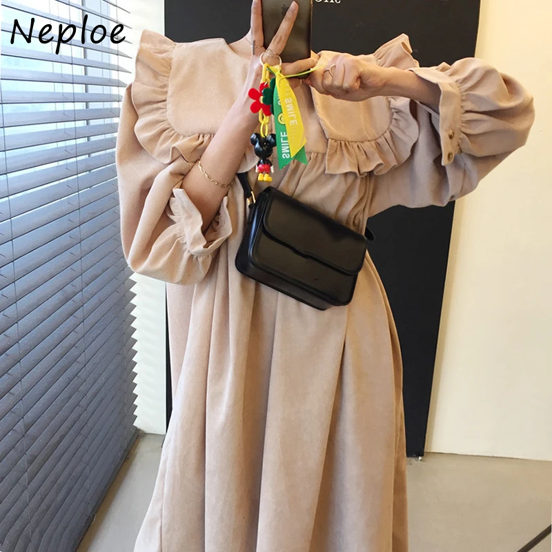 Neploe Vintage Big Turn-down Collar Corduroy Dress Woman Long Puff Sleeve Maxi Dresses for Women Casual Loose Vestidos De Mujer | Женская