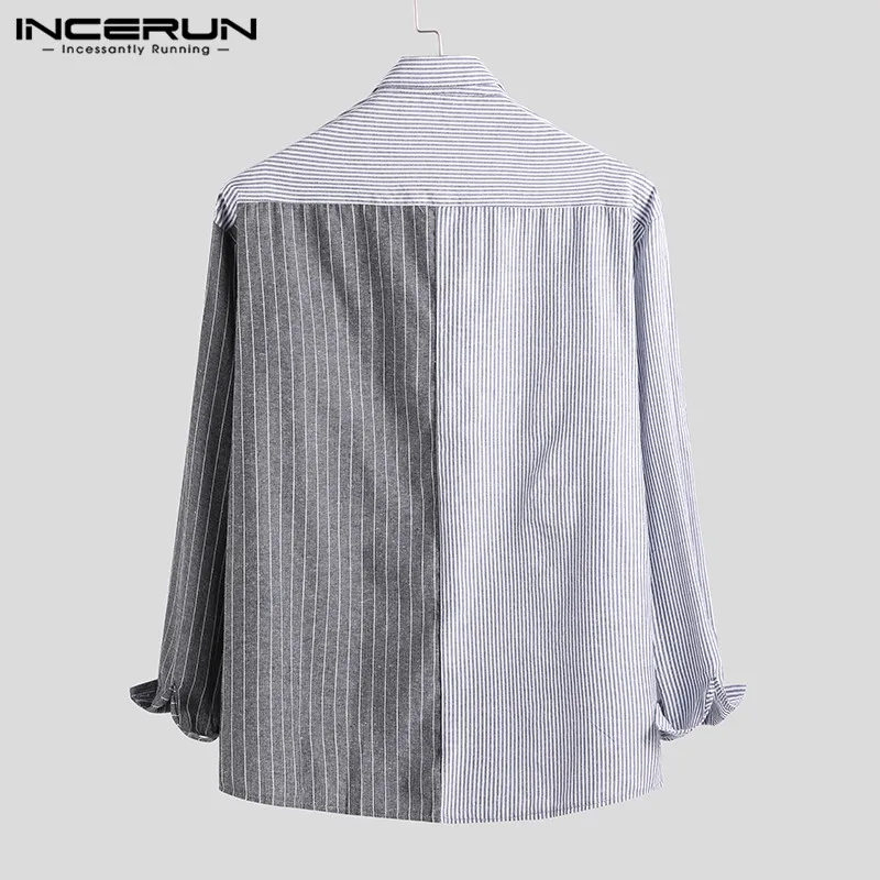Модная полосатая Лоскутная рубашка мужская с отворотом воротник уличная Camisa кнопка вверх длинный рукав бизнес мужской бренд рубашки INCERUN