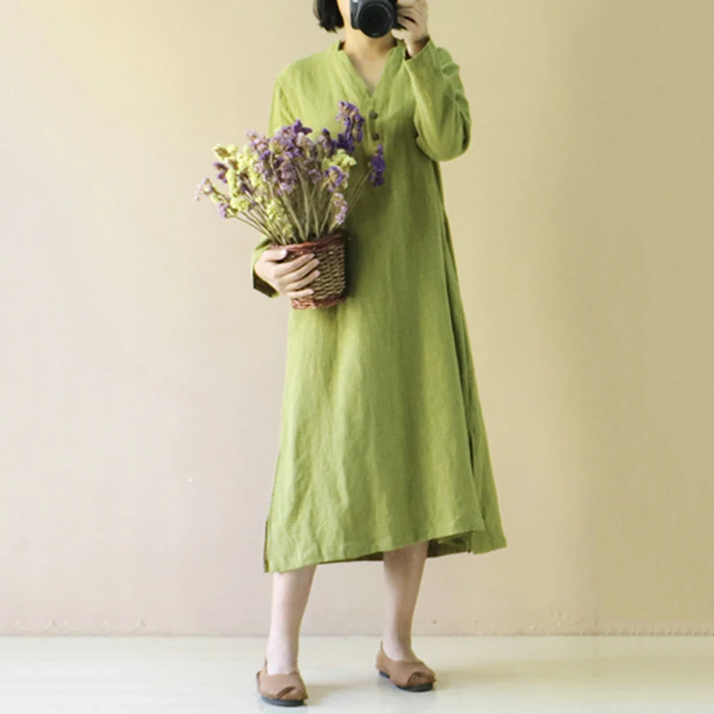 

Vintage Cotton Mid Women Dress Pure Plus Size Dress Women Front Button Closure V Neck Long Sleeve Split Pocket Dress vestidos