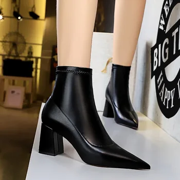 

BIGTREE New Ankle Boots Women fashion square High Heels shoe ladies slip on Pointed Toe sock boot autumn winter Zapatos De Mujer