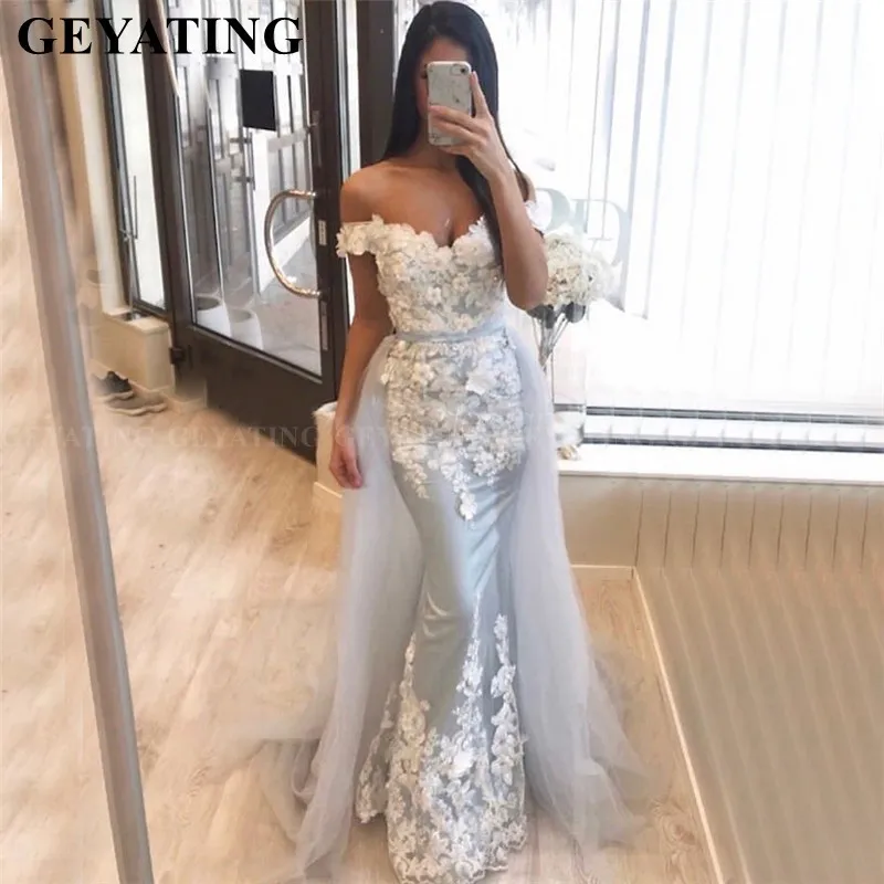 Arabische Silver Grey Mermaid Dubai Avondjurken Met Afneembare Rok 3D Bloemen Applicaties Formele Party Jurken Lange Prom Dress 2020 Arabische Silver Grey Mermaid Dubai Avondjurken Met Afneembare Rok 3D Bloemen Applicaties Formele Party Jurken Lange Prom Dress 2020