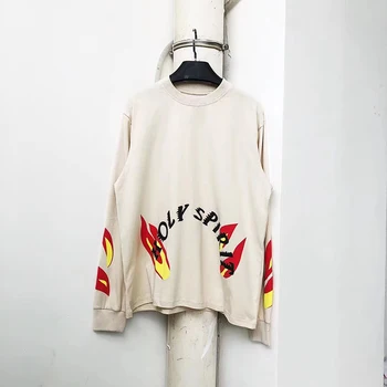 

Kanye West Holy Spirit Letter Puff Flame Pattern T shirt Men and Women Oversize Crewneck High Street T-shirt Long Sleeve Tees