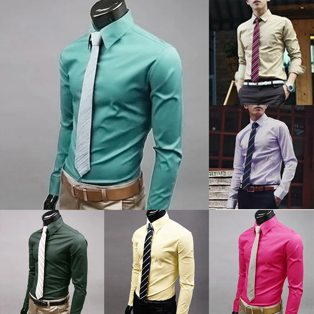 Модная мужская Однотонная рубашка с длинным рукавом и пуговицами, приталенный деловой Топ