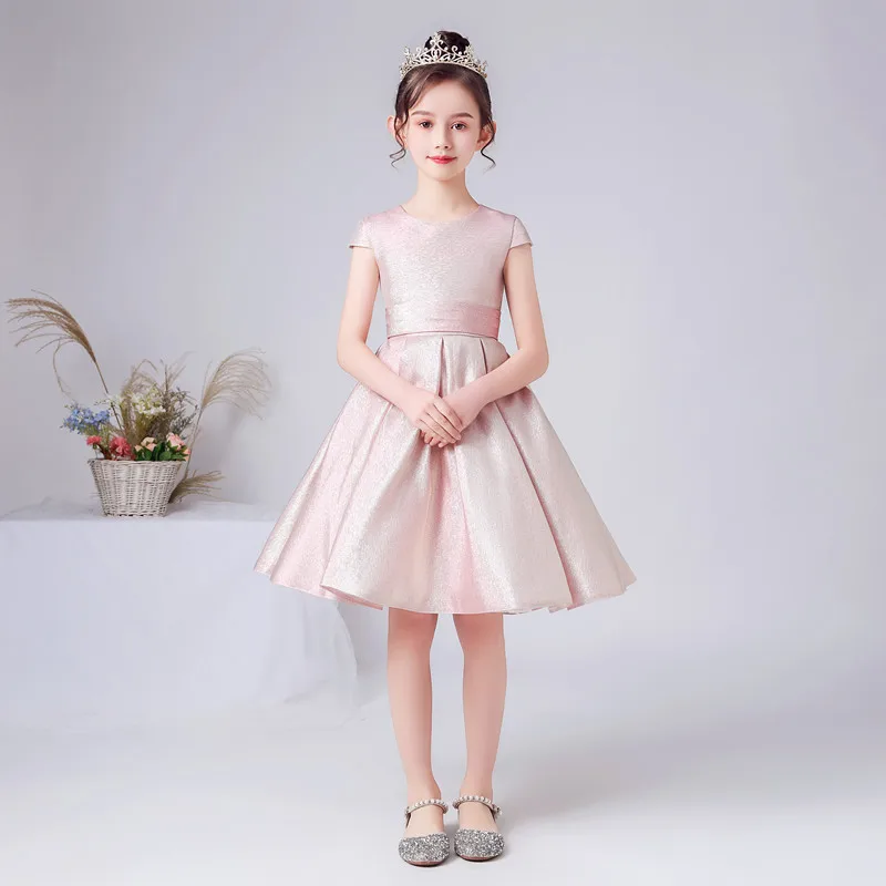 Pink Shining Satin Flower Girl Dresses Short Wedding Birthday Party Gown Cap Sleeve Girls Princess Formal Pageant Gowns Bowtie