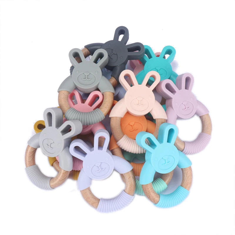 

1pc Baby Toys Silicone Baby Teether Beech Wooden Ring Hand Teething Rattles Chew Toy for Baby Pacifier Chain Accesories