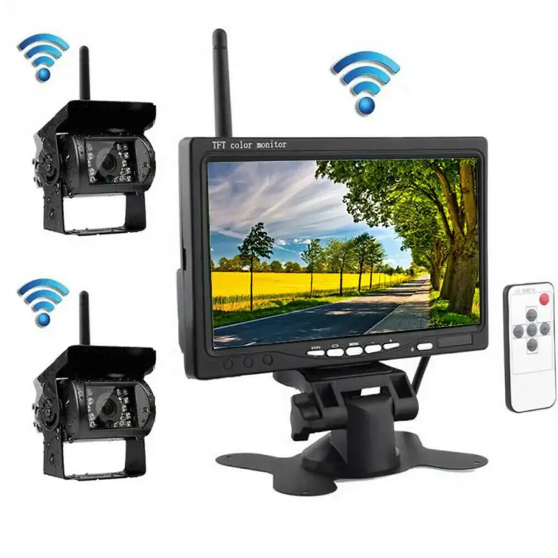 

2 Wireless Rear View Reversing Camera+7inch Monitor Remote Control For Bus Truck RV Camper Remote Control Car Night Vision Park