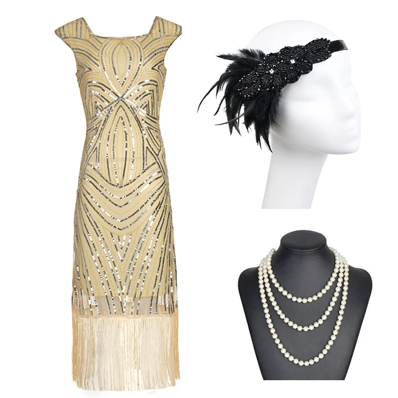apricot-set-a Женские 1920s Хлопушки блесток бисера платье с ревущими 20s Гэтсби аксессуары набор для вечерние - Цвет: apricot-set-a