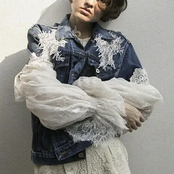 

Autumn Women Lace Stitching Puff Sleeve Denim Jacket Flower Long Sleeve Blue Jeans Jacket Women Tops