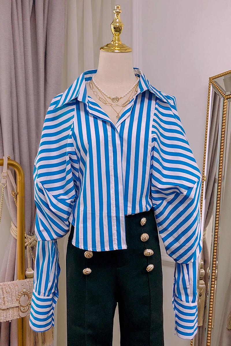YEAR New Palace Puff Sleeves Women Blouse Striped Asymmetrical Casual Lady Shirt Clothes FOR Street