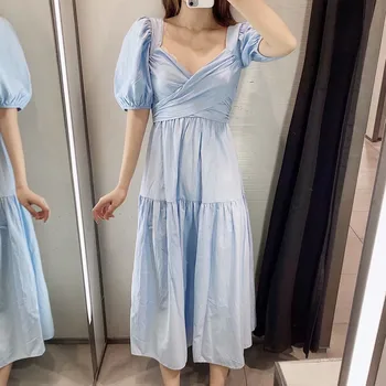 

2020 New Summer Long Women's Dress V-neck Short Sleeve Fashion Cotton Ladies Dress Solid Color Women Clothing