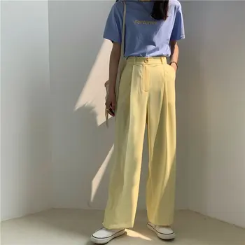 

Leisure Women Slender All Match Fashion Casual Plus High Waist Wide Leg Loose Pants Thin Brief Straight Trousers