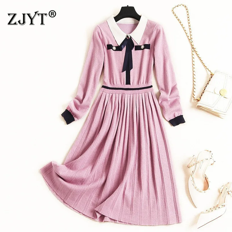 

New Designer Autumn Dress Winter Women 2019 Elegant Full Sleeve Turn Down Collar Hit Color Aline Casual Knit Sweater Dresses