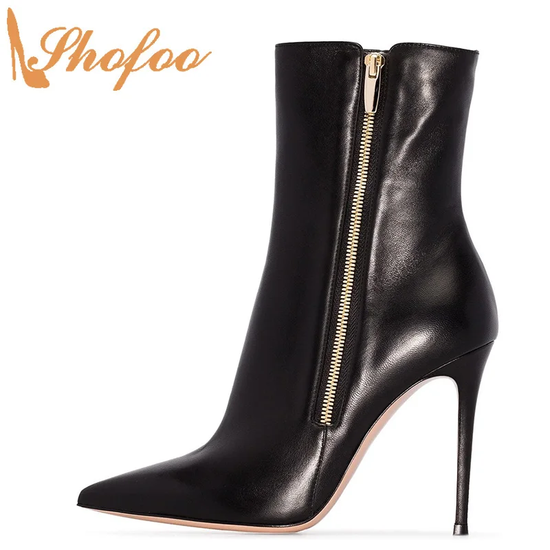 Black High Thin Heels Ankle Woman's Boots Pointed Toe Booties Zipper ...