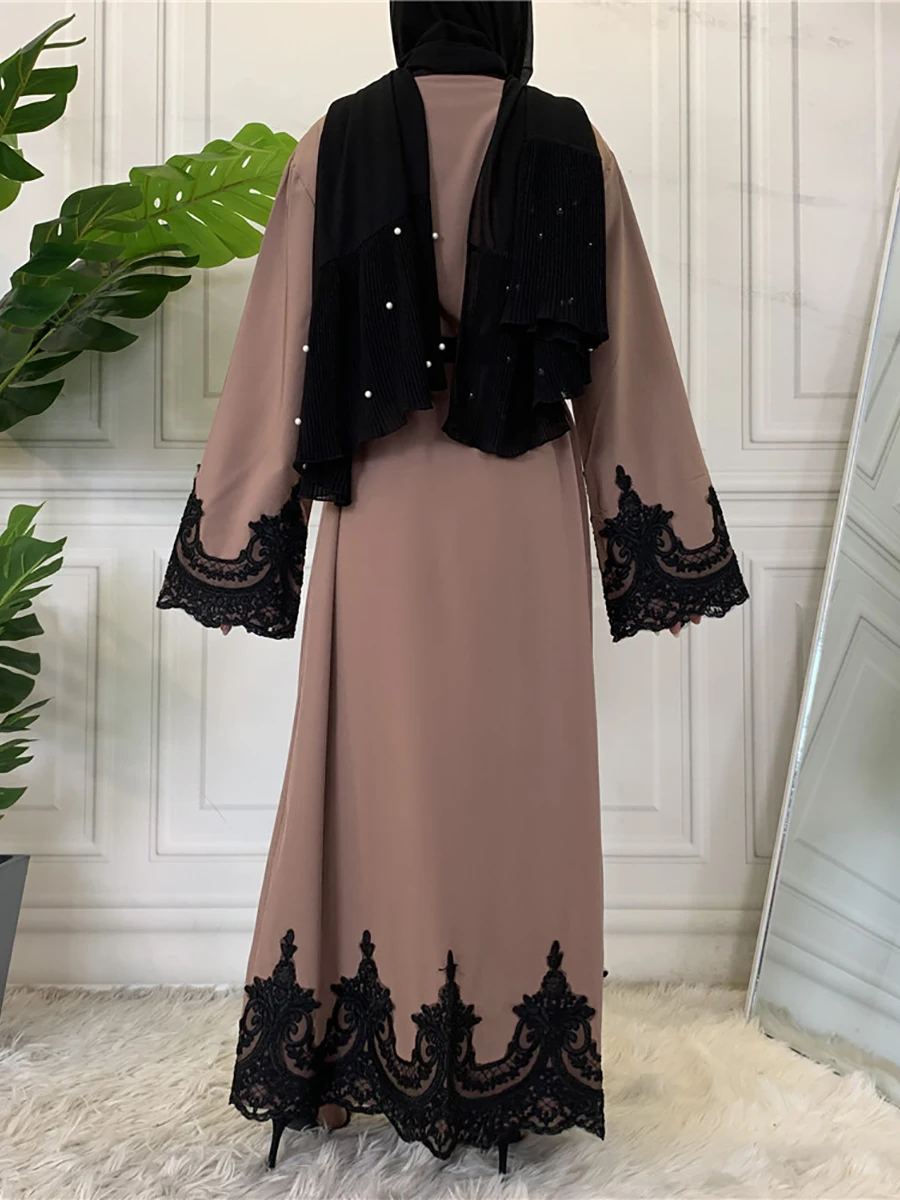 Middle East Fashion Ramadan Patchwork Lace Long Cardigan Muslim For Women Dubai Abaya Maxi Robe Kimono Turkish Islamic Clothing