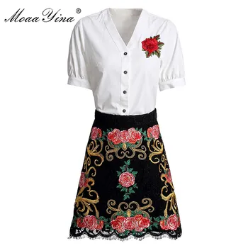 

MoaaYina Fashion Designer Set Spring Summer Women Short sleeve Rose Shirt Tops+Black Lace Embroidery Skirt Two-piece suit