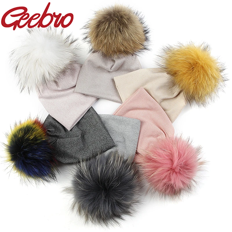 Geebro Newborn Baby Girls Boys Winter Cotton Stretch Beanies hats Caps Soft Baby Kids With 15 cm Real fur pompom Gifts 1