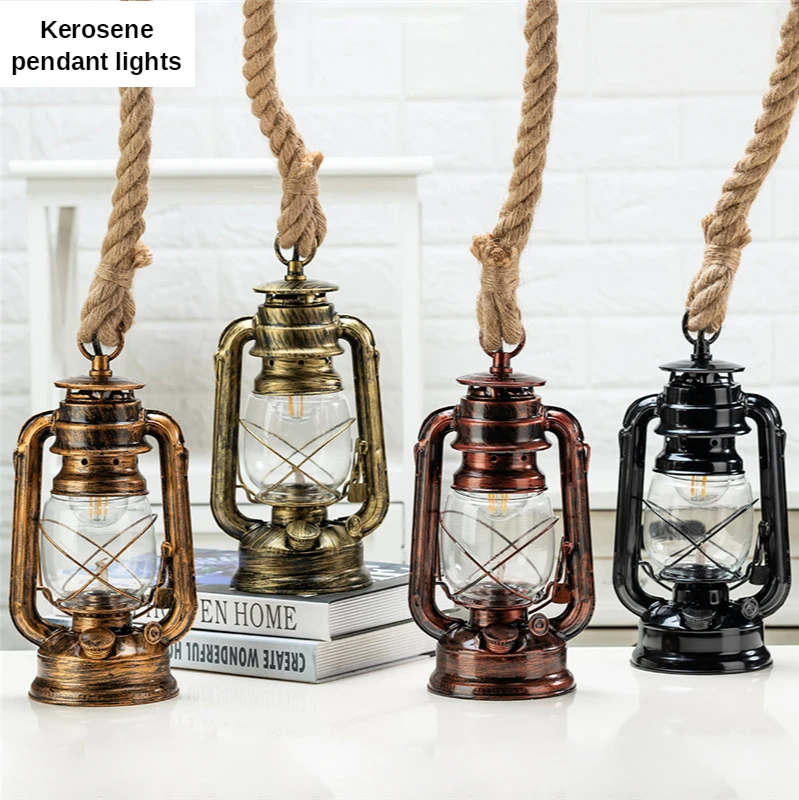 

American style retro Village Kerosene pendant lights Hemp Rope pendant lamp for home/bedroom/Living room decor loft hanging lamp