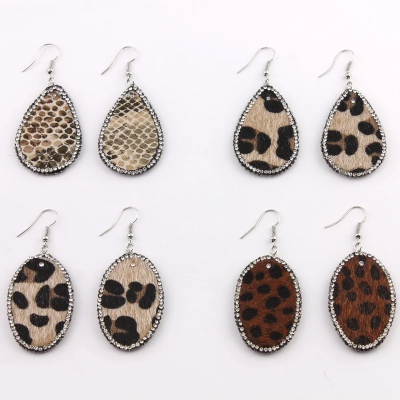 

Trendy Fashion Inlay Crystal Genuine leather Earrings Oval Teardrop Spot Leopard Drop Earrings for Woman Jewelry