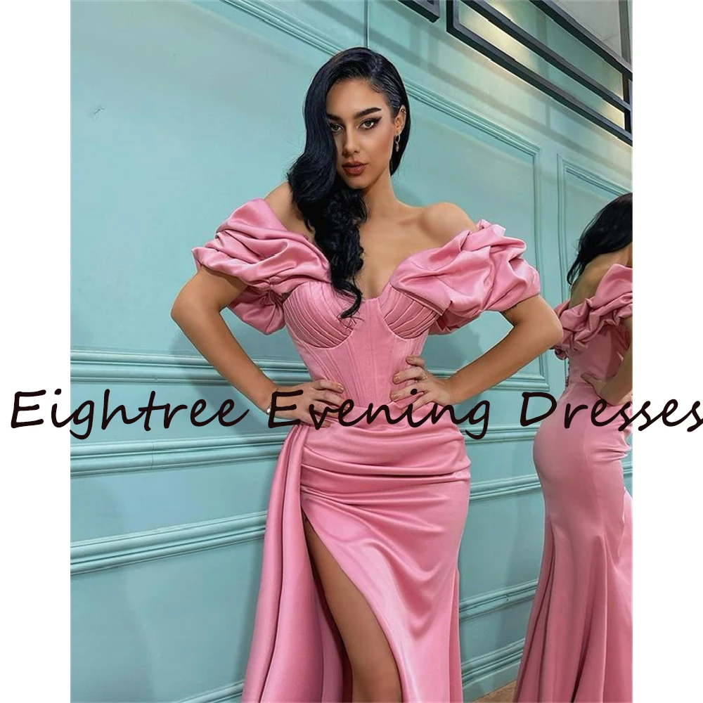 pink prom dress Hot Pink A Line High Side Slit Prom Night Dresses Off Shoulder Strapless Dubia Formal Party Evening Dress Prom Gowns Vestidos pink prom dress