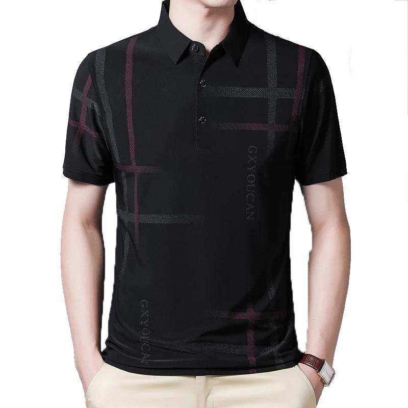 

TFETTERS Brand Men Clothing Summer Thin Breath Short Sleeve Men Tshirt Letters Striped Design Turn-Down Collar Graphic T Shirts