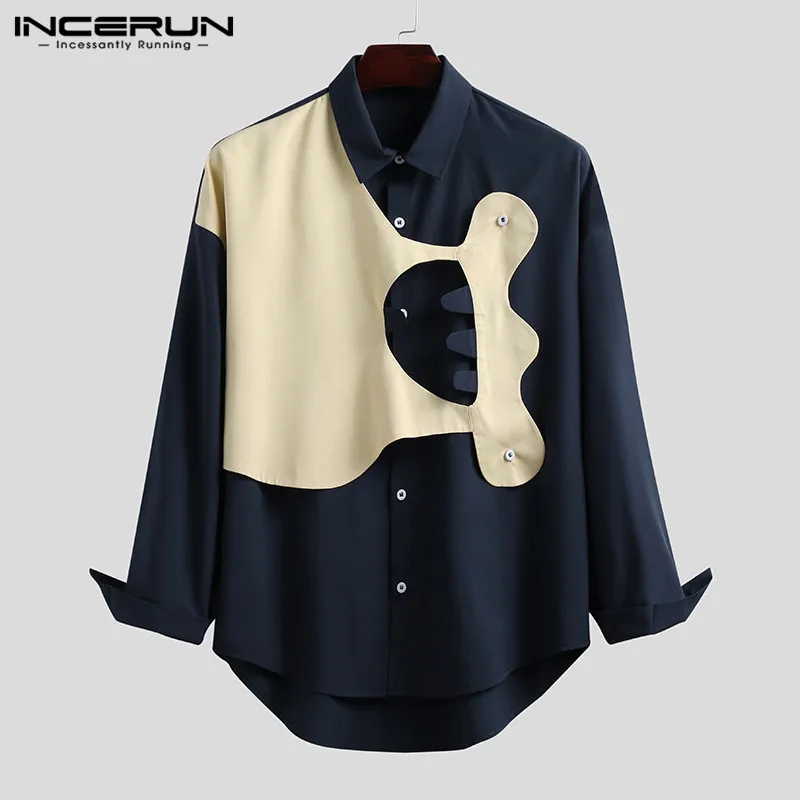 Men Casual Shirt Collar Long-Sleeve INCERUN Blouse Button Streetwear Patchwork Turn-Down
