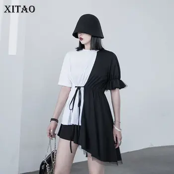 

XITAO Original Women Irregular Pullover Patchwork Sense of Design Mesh Tee Drawstring Sashes 2020 Summer Fashion New Tee DMY4854