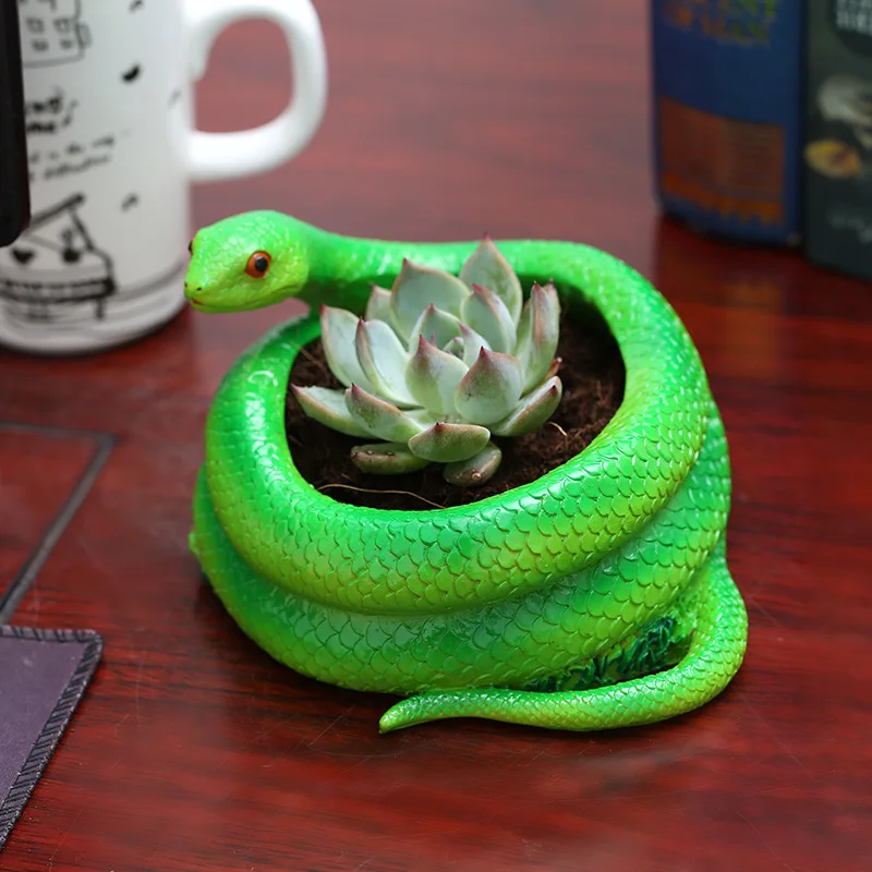

New Green Snake Shape Fleshy Flower Pot Creative Resin Serpentine Crafts Desktop Decorative Plant Potted Ornaments 16*12*9cm
