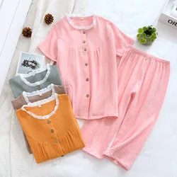 Summer Thin Ladies 100% Cotton Pajamas Two-piece Short-sleeved Cropped Pants Plus Size Home Service Suit Pajama Set Women