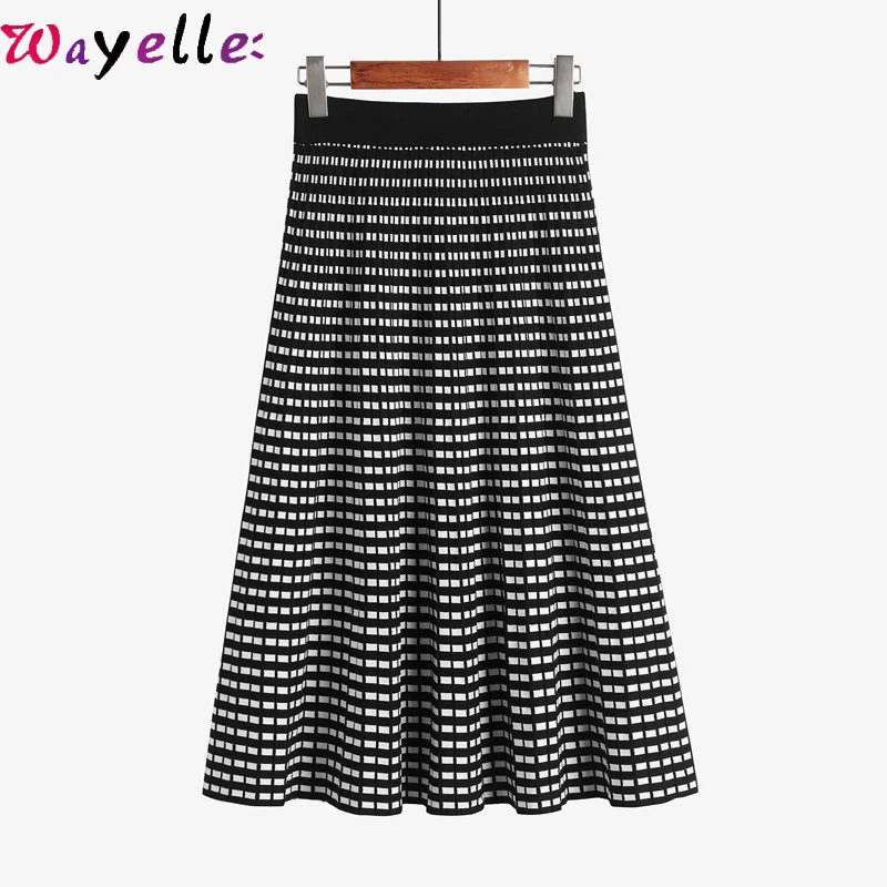 Гофрированные длинные юбки для женщин, новинка, Осень-зима, для отдыха, хит, цветные, высокие юбки, женские, квадратный узор, вязанная юбка миди для девушек