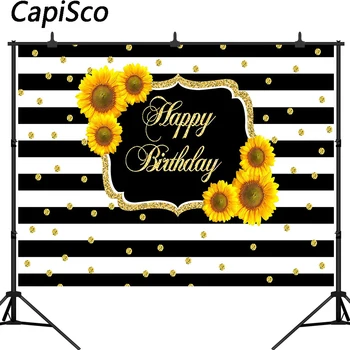 

Capisco Happy Birthday photography backdrop white black stripe Sunflowers photo background studio party decoration banner prop