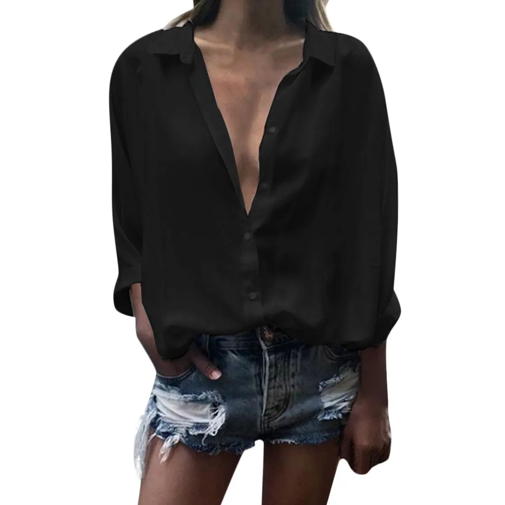 

Solid Autum Womens Casual Blouses Solid Color Long Sleeves Turndown Collar Tops Loose Button Office Chiffon Shirts Blouses