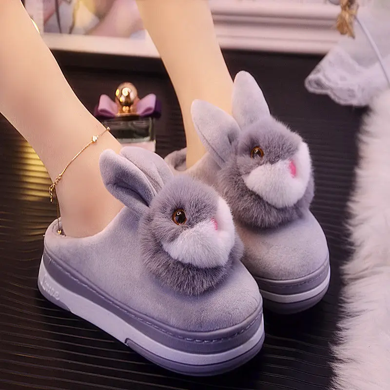 

Winter Indoor Slippers With Animals Women Cute Fluffy Slides Ladies Home Slippers Platform Wedge Mules Womens Bunny Slippers