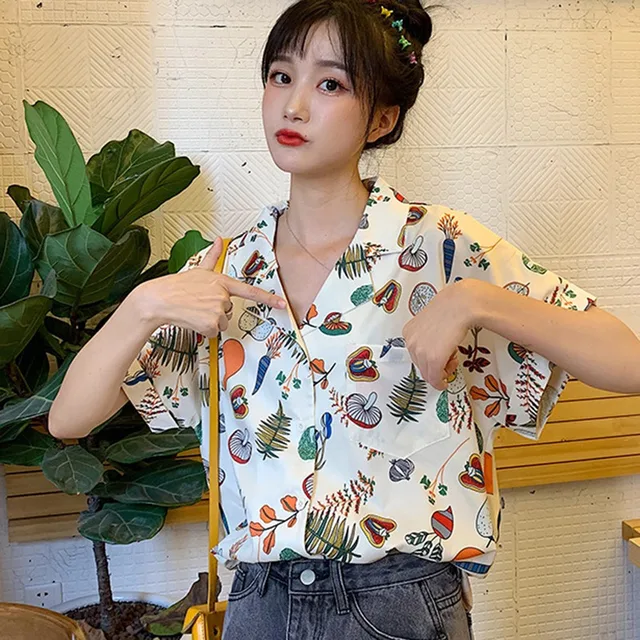 US $5.94 Women Leaves Print Loose Shirt Short Sleeve Chiffon Blouses Feamle Fashion Top