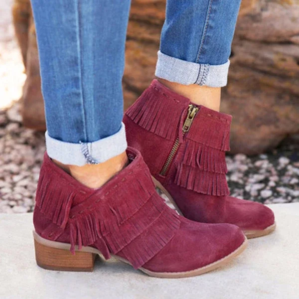 

2019 Flock Slip-On Med Heel Winter Women Boots Fashion Pointed Pure Color Ankle Boot