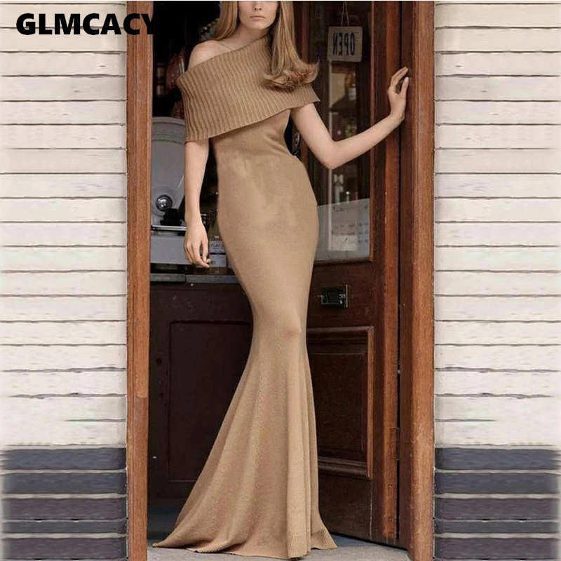 

Women Vintage Slash Neck Off The Shoulder Skinny Long Dress Autumn Elegant Solid Slim Floor-length Dress